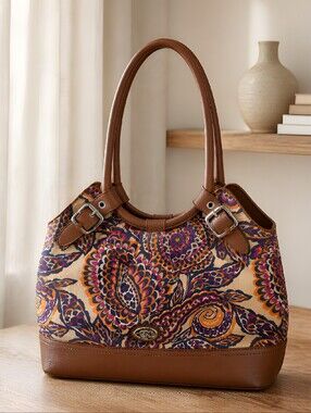 Relic Brown Trim Floral Paisley Shoulder Bag with Purple and Orange Accents